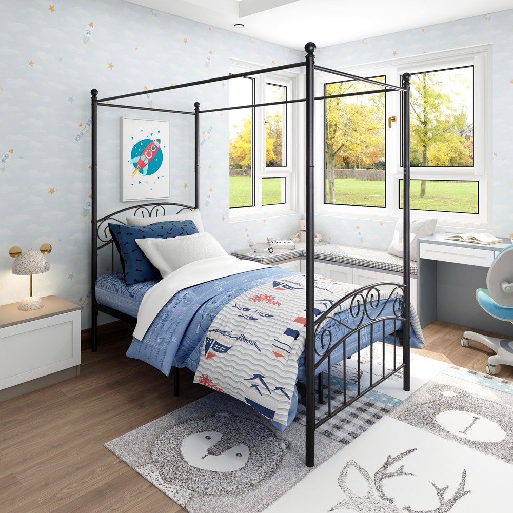 Twin Size Metal Canopy Bed with Ornate European Style Headboard