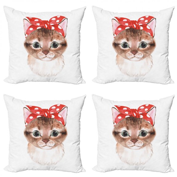 Ambesonne Cat Throw Pillow Cover 4 Pack, Kitten in a Dotted Bandana Art, 18", Vermilion Umber