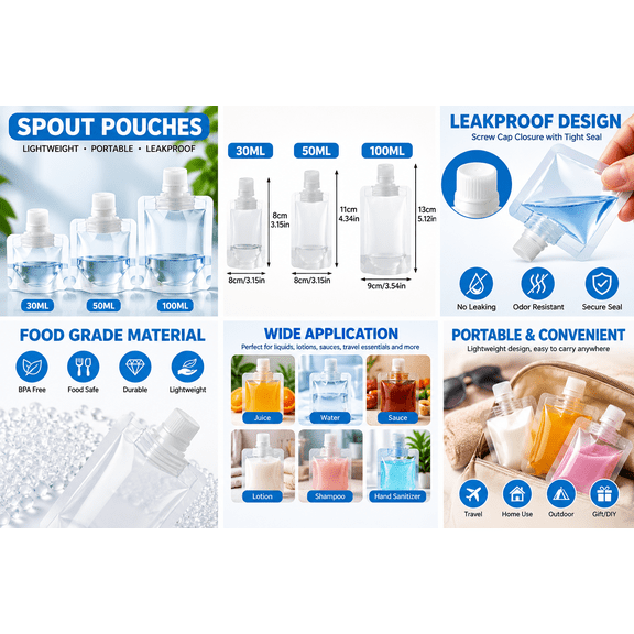 Reusable Clear Spout Pouches with Screw Caps, Portable Refillable Liquid Storage Bags, Lightweight Travel Containers for Juice, Water, Shampoo, Lotion, Sauce & DIY, 1.01/1.69/3.38 fl oz