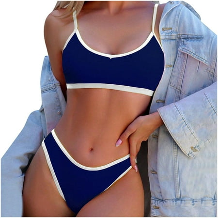 UTSJKR Women High Waisted 2 Piece Bikini Set Cheeky High Cut Bandeau Swimsuit Contrast Binding High Cut Bathing Suit Navy S