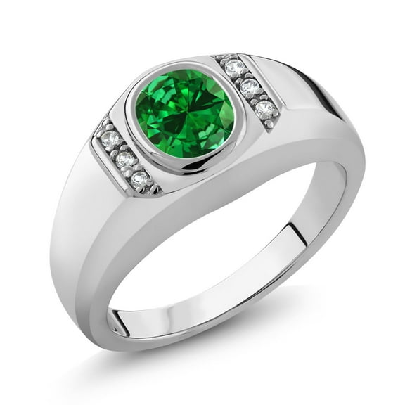 ClassicGems 1.00 CT Oval Cut Lab Created Green Emerald And Diamond 14K White Gold Plated 925 Silver Men's Ring