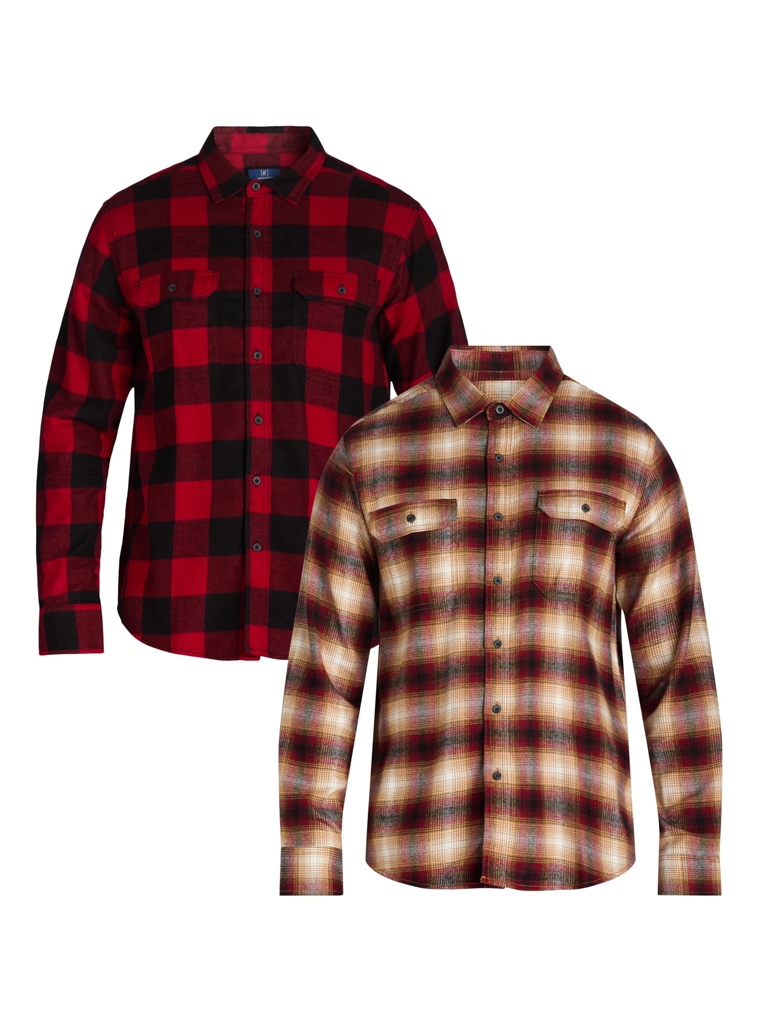 George Men's 2-Pack Flannel Shirts, Long Sleeves, Cotton Blend
