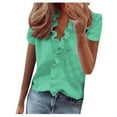 thumbnail image 2 of Summer Polyester Short Sleeve Floral Dress Shirts for Women Green Workwear Work Women's Ruffle V-Neck Solid Print Casual Dressy T-Shirt Top XL, 2 of 4