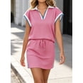 thumbnail image 5 of Women Color Block 2 Pieces Set Cap Sleeve V Neck Polo Tiops and Tennis Skirt Outfit Sets, 5 of 7