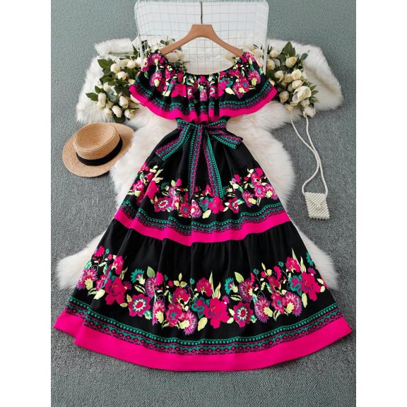 Hot Pink Off Shoulder Floral Embroidered Tiered Maxi Dress With Ruffle Trim