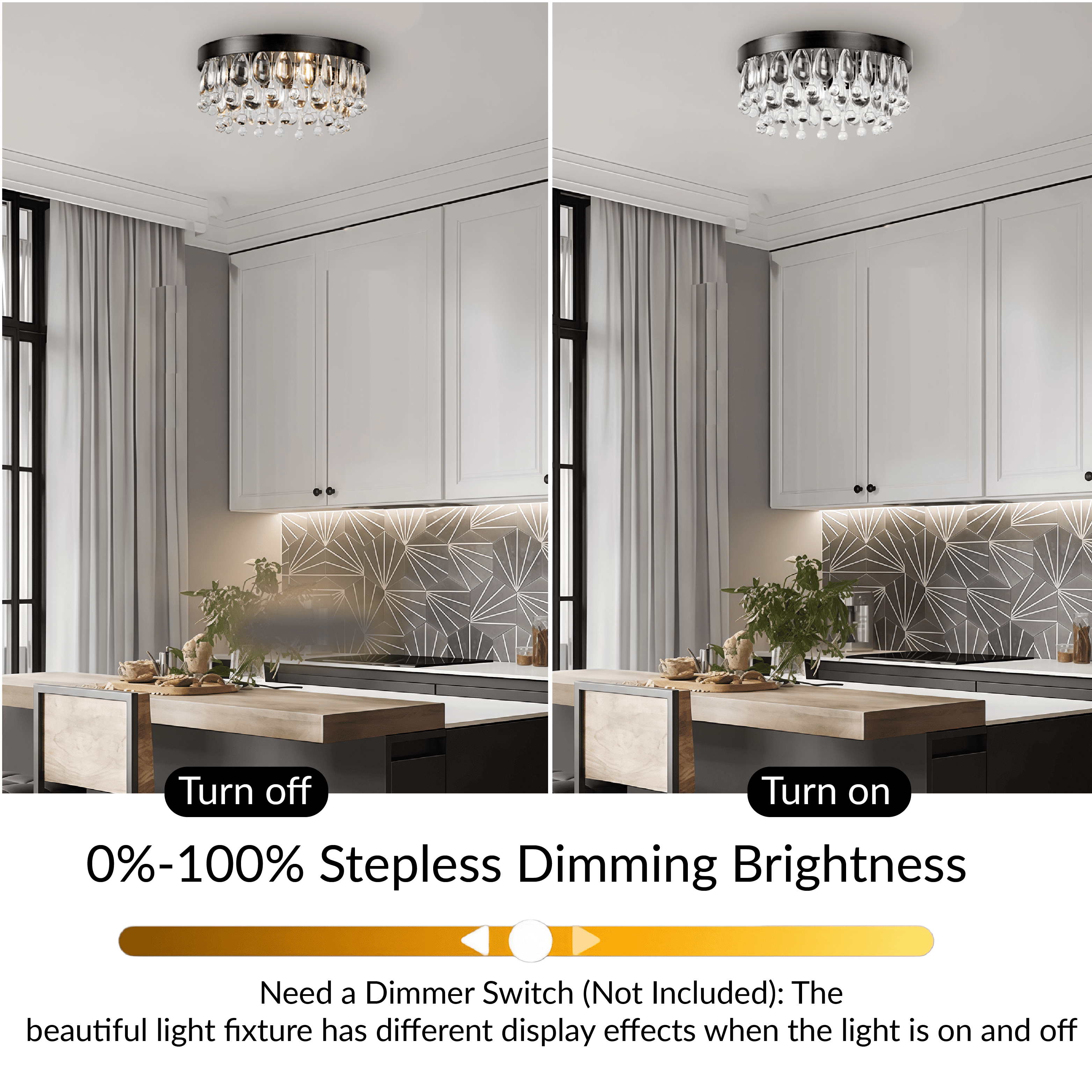 Mordern Matte Black Semi Flush Mount, 15 Inch Crystal Droplets Flush Mount Light, Unique Elegant Metal Close to Ceiling Light for Lving Room, Dining Room, Bedroom