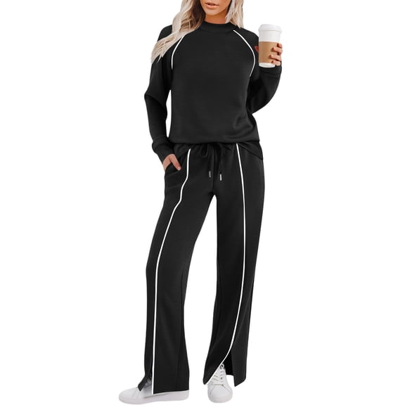 2 Piece Sweatsuit Women Crew Neck Long Sleeve Sweatshirts Drawstring Slit Pants Casual Loose Outfits With Pockets (XL, Black)