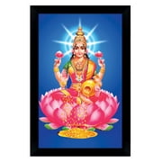 IBA Indianbeautifulart Indian Goddess Lakshmi On Lotus Showering Money Picture Frame Religious Poster For Wealth & Prosperity Home Decor Ready To Hang Black Wooden Frame