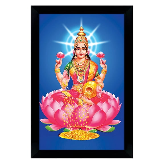 IBA Indianbeautifulart Indian Goddess Lakshmi On Lotus Showering Money Picture Frame Religious Poster For Wealth & Prosperity Home Decor Ready To Hang Black Wooden Frame