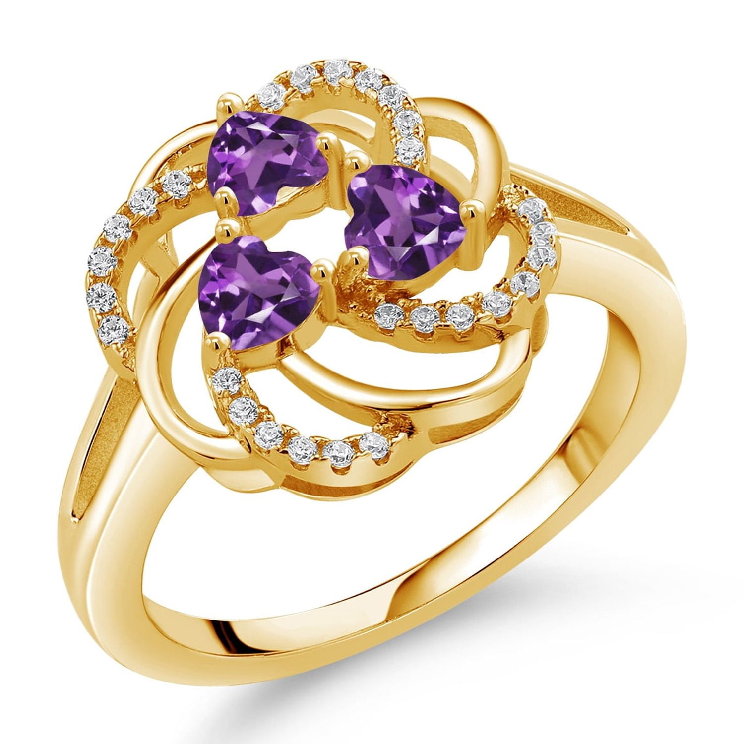 Gem Stone King 18K Yellow Gold Plated Silver Heart Purple Amethyst 3-Stone Ring for Women (1.07 Cttw, Heart Shape 4MM, Gemstone February Birthstone, Size 5)