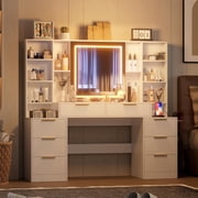 Makeup Vanity Desk with Mirror and Lights, 59 Large Vanity Table with 8Drawers & Open Storage Shelves, Brightness Adjustable, Dressing Table for Bedroom, Women Girl