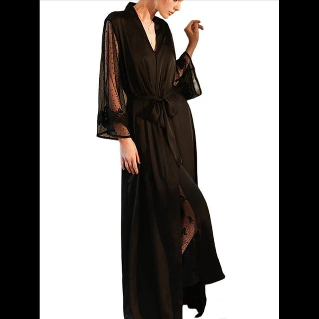Camisón Extra de Satén con Cuello en V y Larga para Mujer, de Spa, de Baño Negro M