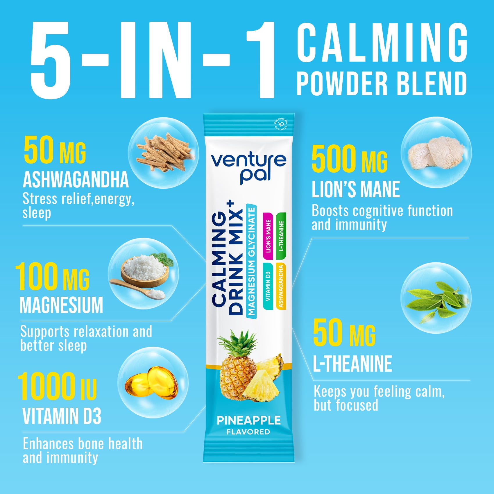 Venture Pal Calming Powdered Drink Mix, Magnesium Glycinate, Ashwagandha, L-Theanine,Vitamin D, Lions Mane, Sugar Free Magnesium Supplement Blend for Relax & Focus, Non GMO, Vegan, On The Go