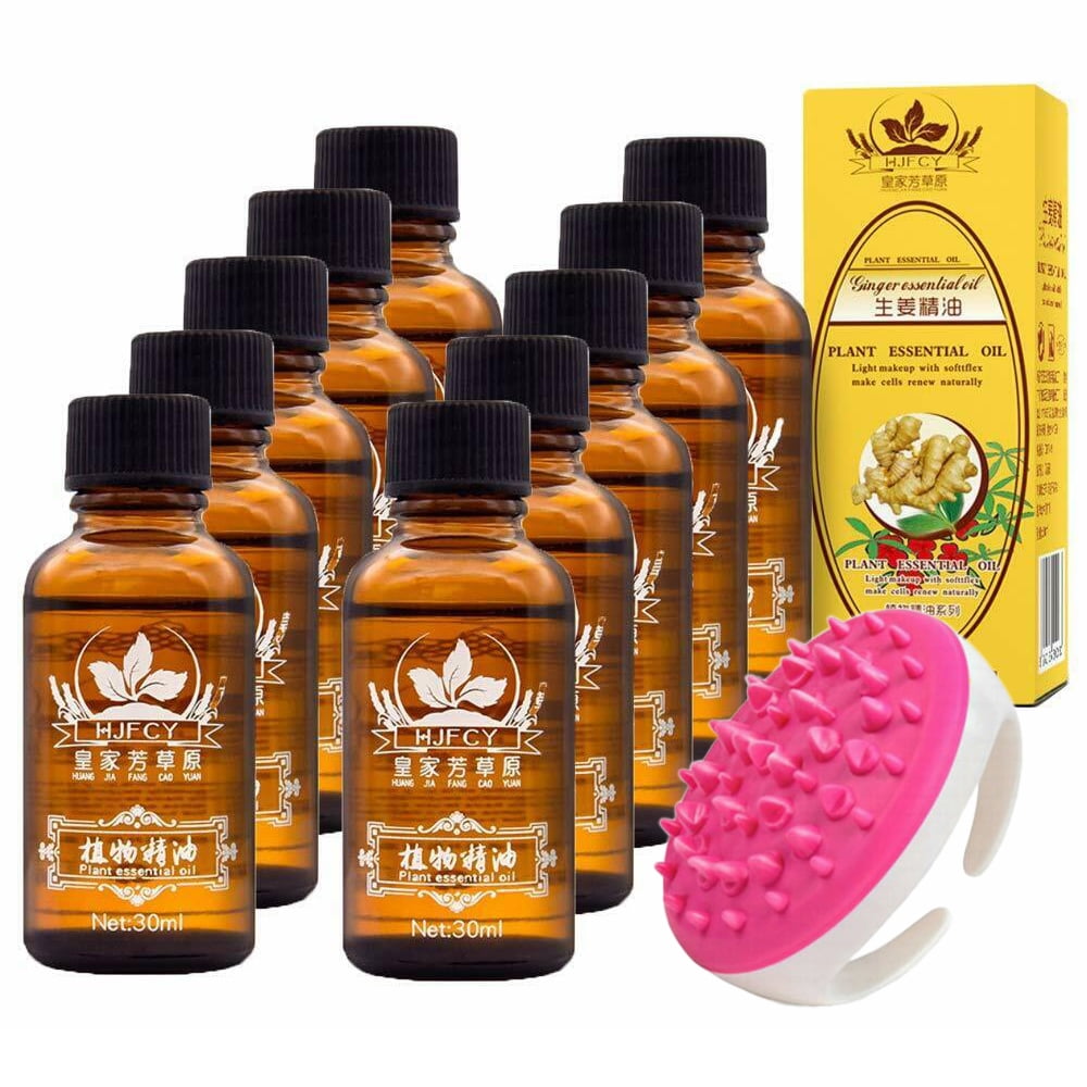 100% PURE Lymphatic Drainage Ginger Oil 10 Pcs with Massage Body Brush for SPA , Massage Muscle, Pain Relief Oil