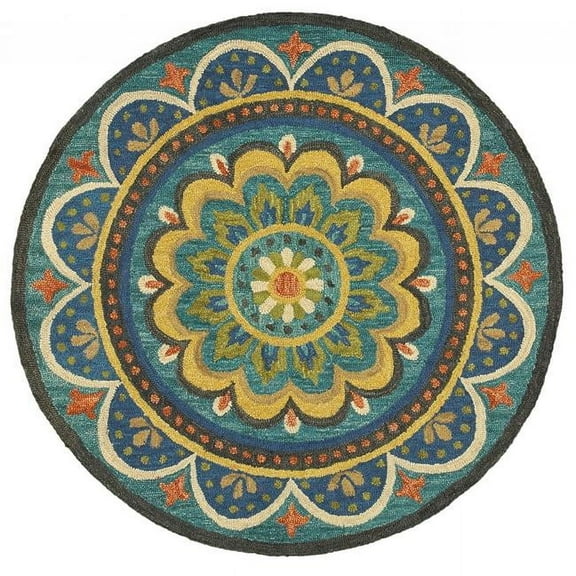 6 ft. Round Blue Floral Mandala Area Rug - Blue - 6'
