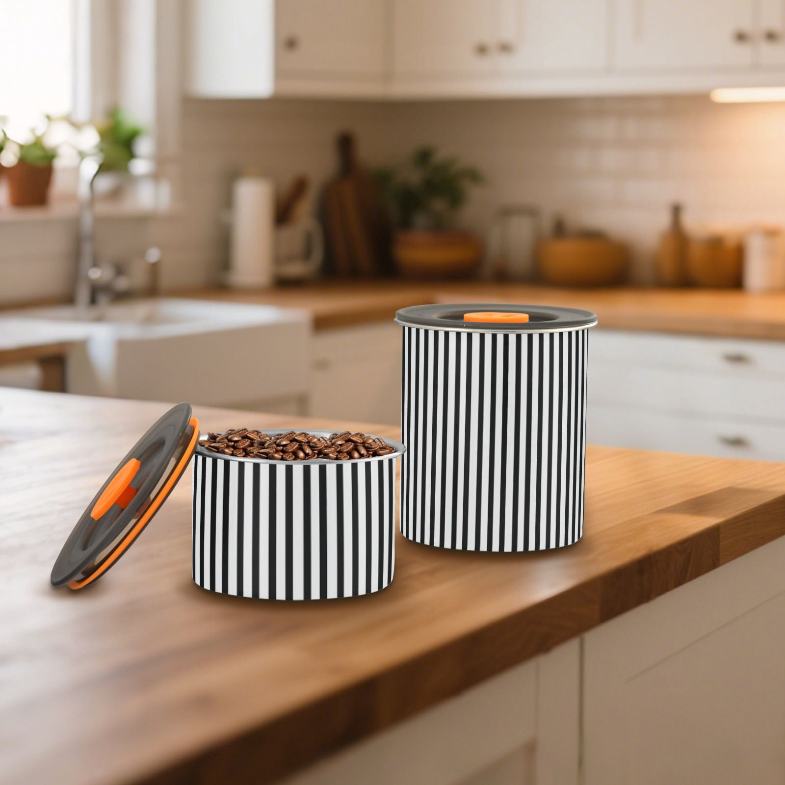 Black & White Stripes Airtight Coffee Bean Canister 30oz Food Storage Containers with Lids For Gournd, Tea, Sugar, Flour, Rice, Cereal, Candy Cookie Jar