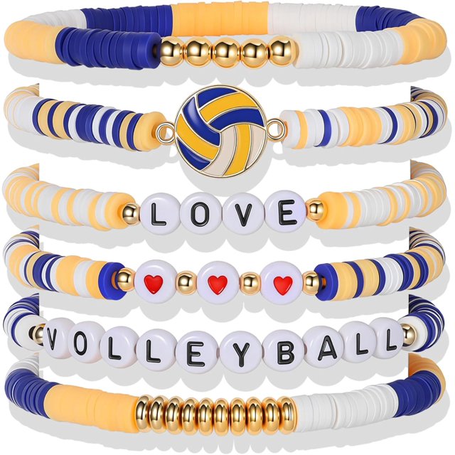 YanonmyfdWorld Soccer Game-day Cup Bracelet Stack Set 7pcs Softball/Baseball/Basketball/Soccer/Volleyball/Tennis/Football Stretch Sports Fans Jewelry Sports Beaded Bracelets with Charms,Q-Volleyball