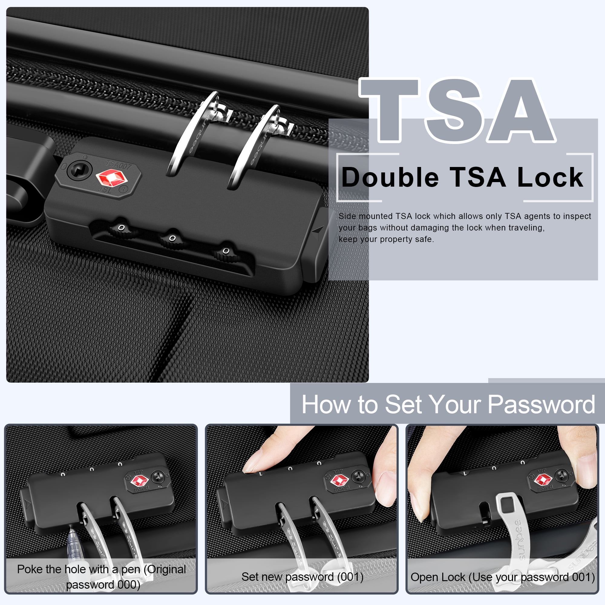 Sunbee 3 Piece Luggage Sets Hardshell Lightweight Suitcase with TSA Lock Spinner Wheels, Black Sunbee 3 Piece Luggage Sets Hardshell Lightweight Suitcase with TSA Lock Spinner Wheels, Black