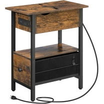 End Table with Charging Station, Flip Top Narrow Side Table with Storage Drawer, Slim Nightstand Bedside Tables, for Small Space, Living Room, Bedroom, Rustic Brown and Black
