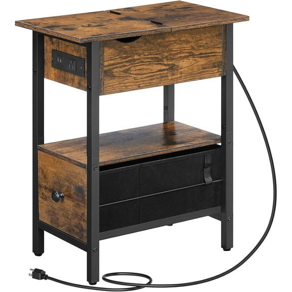 End Table with Charging Station, Flip Top Narrow Side Table with Storage Drawer, Slim Nightstand Bedside Tables, for Small Space, Living Room, Bedroom, Rustic Brown and Black