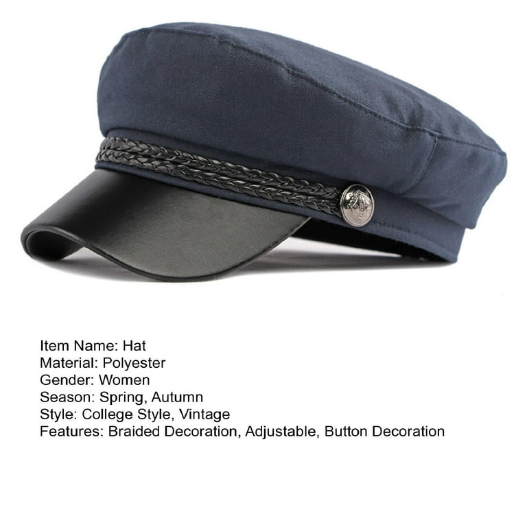 Spring Autumn Women Captain Cap Faux Leather Brim Flat Top Braided