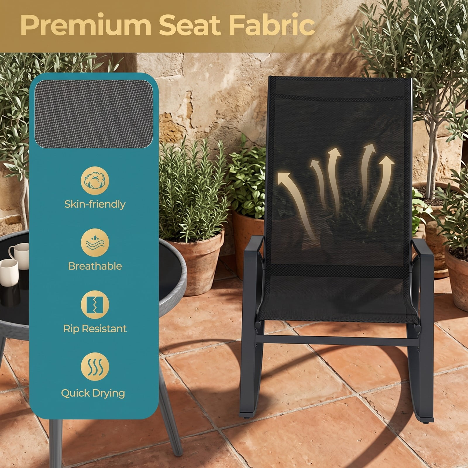 Furnibear Patio Rocking Chairs Set of 2 with Ergonomic Sling Backrest and Circular Metal Frame for Balcony and Poolside, Black