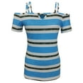 thumbnail image 2 of Yigetop off Shoulder Tops for Women! Fashion Vacation and Casual Contrasting Color Striped Printed Suspender off Shoulder Short Sleeved T Shirt Summer Tops Blue L, 2 of 5
