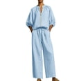 thumbnail image 3 of Ohufall Womens Cotton Linen Sets Zipper Puff Half Sleeve Top + Wide Leg Drawstring Pants Fashion 2PC Sets, 3 of 5