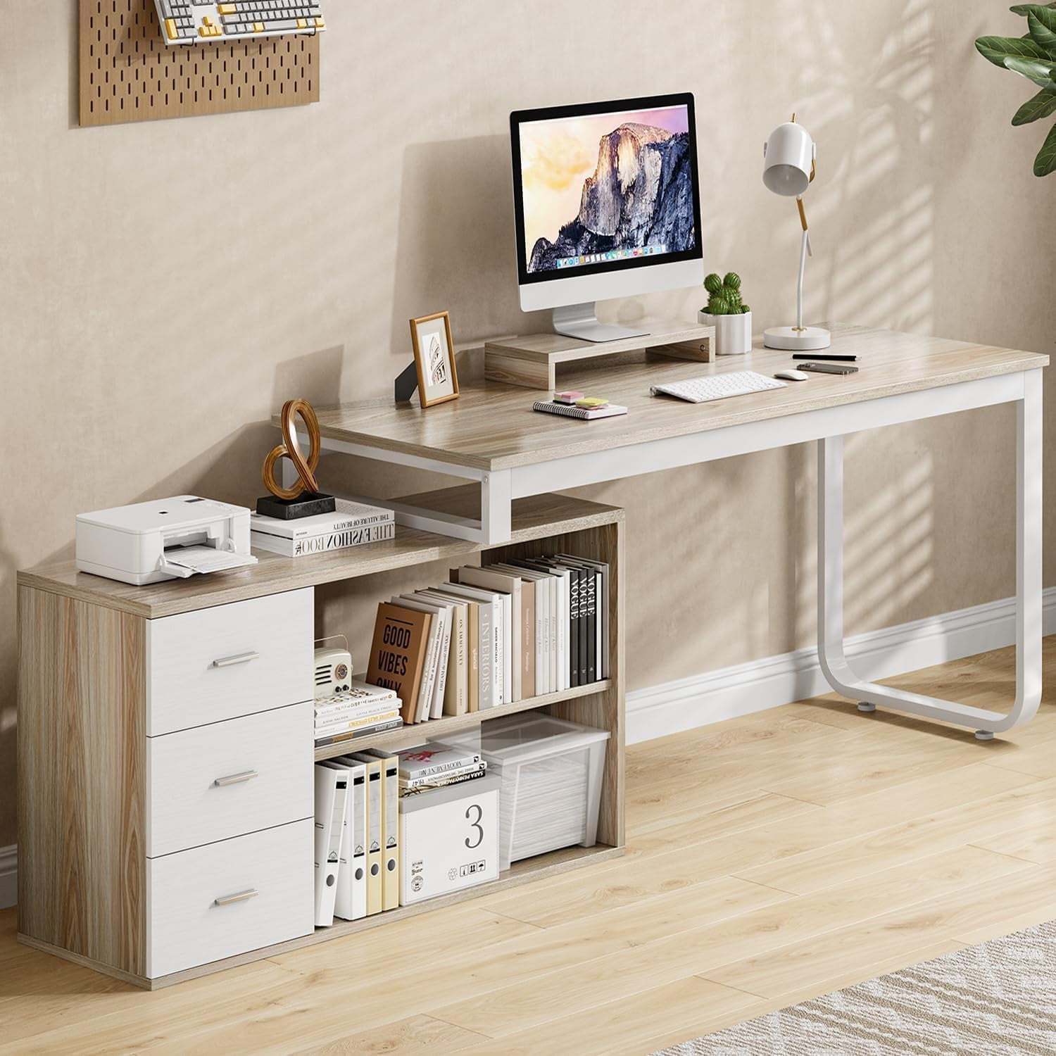 DreamCurship 55 Inch Reversible L Shaped Desk with 3 Storage Drawers, Computer Desk with Shelves and Monitor Stand, Corner Desk for Small Spaces, White and Walnut