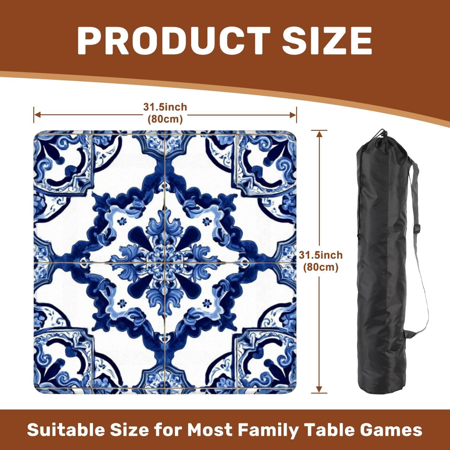 Mahjong Mat 31.5" x 31.5" Blue White Ornate Floral Tile Non-Slip Noise Reduction Mahjong Tiles Table Cover for Dominoes Poker Card Board and Tile Games Gift