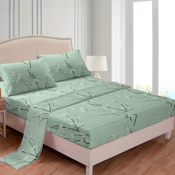 Floral Printed 4-Piece Bedding Set,Fitted Sheet Set,Skin-friendly Suitable For All Seasons,1 FittedSheet 1 Flat Sheet 2 Pillowcases(Pillows Not Included)(Green,Twin)