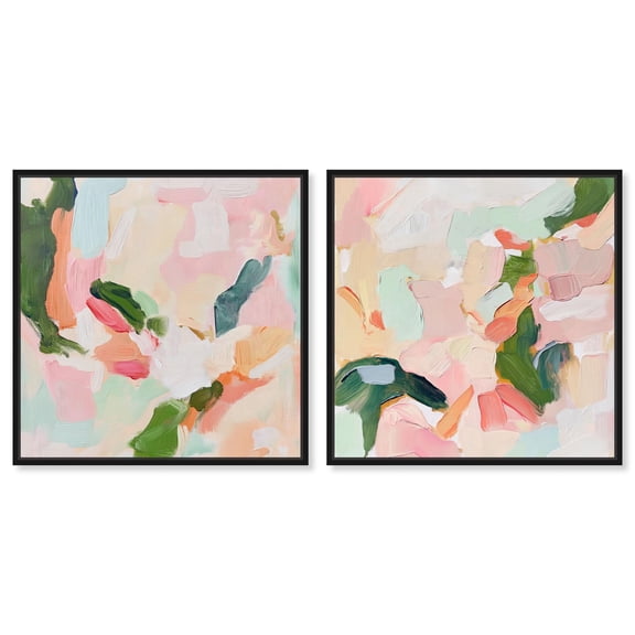 Blush Boho Minimal Wall Print Set Canvas Pastel Abstract Art by Art Remedy, Black Frame, 12 x 12