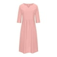 thumbnail image 4 of Breaise Women Loose Cotton Linen Dresses Plus Size Solid 3/4 Sleeve Midi Dresses Notch V Neck Pleated Waisted Dresses Casual Summer Work Dresses with Pockets Pink XXXXL, 4 of 6
