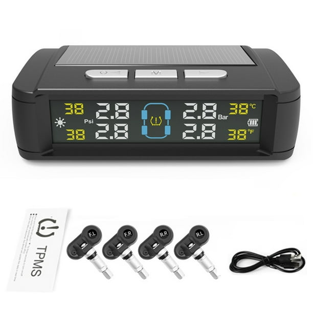 Sistema de monitoreo de presión de neumáticos, sistemas de alarma de seguridad para automóviles, monitor de temperatura de neumáticos con energía solar/USB, TPMS para automóvil, 4 sensores