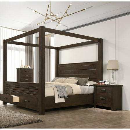 3Pc Brown King Canopy Storage Bed Chest Nightstand Set Bedroom Furniture