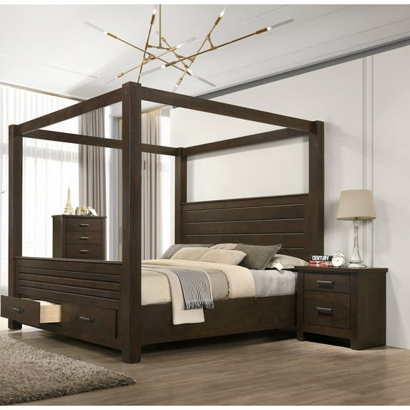 3Pc Brown Queen Canopy Storage Bed Chest Nightstand Set Bedroom Furniture