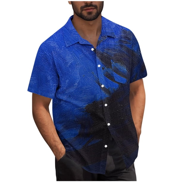 Mens Casual Manga Corta Botón Abajo Camisas Turndown Cuello Blusa de Impresión, Poliéster Ligero Top de la Moda para el Verano Al Aire Libre Y el Uso Diario