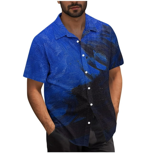 Mens Casual Manga Corta Botón Abajo Camisas Turndown Cuello Blusa de Impresión, Poliéster Ligero Top de la Moda para el Verano Al Aire Libre Y el Uso Diario