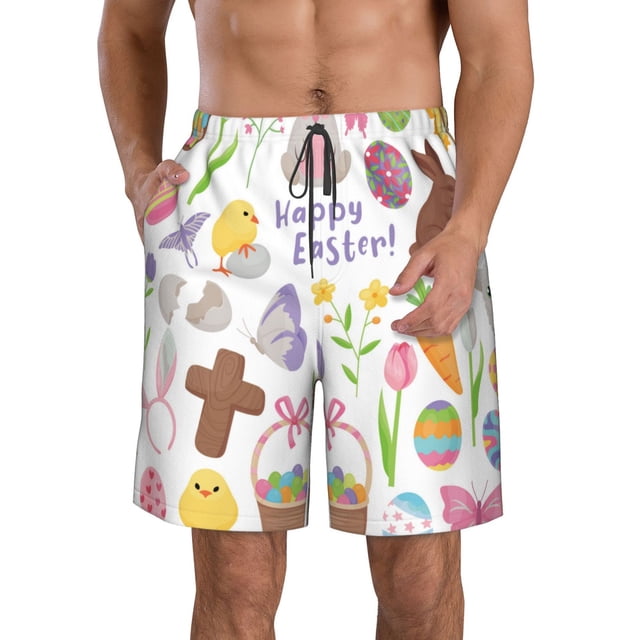 Balery Happy Easter1 Traje de Baño Estilo Hawaiano para Hombre, Shorts de Secado Rápido con Bolsillos-3X-Large