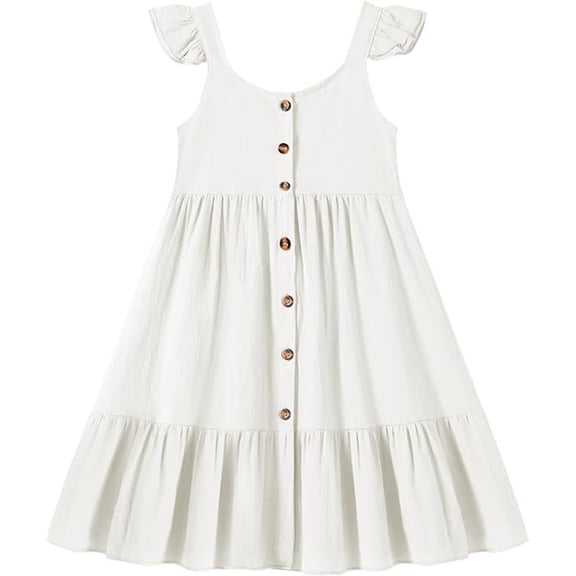 CPNG Girls Strap Dress Solid Color Sleeveless Round Neck Pleated Dress Casual Button Camisole Ruffled Dress(White,4-5 Years)