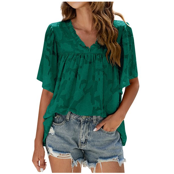 Camisa de manga acampanada con textura floral de gasa de verano de moda sexy casual para mujer Top con cuello en V Pompotops lopia999298