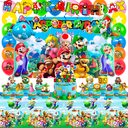 Mario Birthday Party Supplies, 68pcs Super Mario Party Decorations Set- Banner Backdrop Tablecloth & Balloons Cake Topper etc Party Supplies