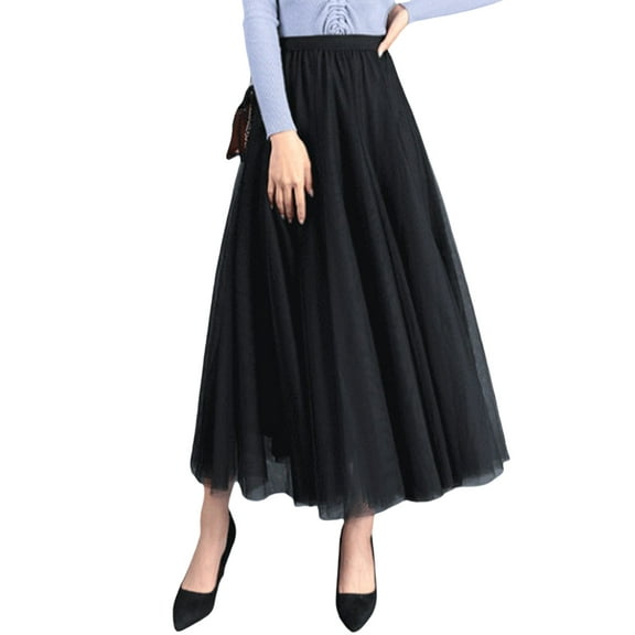 Lnzyyephy Women Mesh Skirt Solid Multilayer Pleated High Waist Lace Long Tulle Skirts for Wedding Party