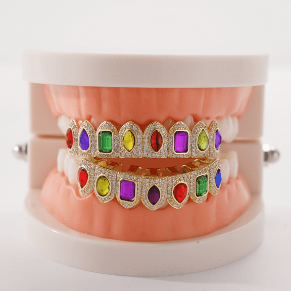Christmas Iced Out Teeth Grillz Set for Men & Women, Copper Top & Bottom Grills with Multi-Color Zirconia, Silver & Gold Tone Hip Hop Party Jewelry