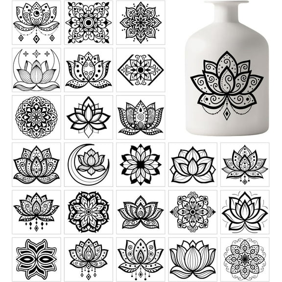 25 Sheets Vintage Mandala Silhouette Mason Jar Decal Stickers Lotus Flowers Plastic Decal Stickers Adhesive Lantern Sticker for DIY Making