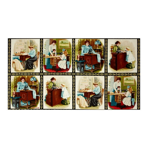 Robert Kaufman Kaufman Sewing With Singer Metallic Scene Blocks 24in Panel Antique Quilt Fabric, Gold/Red/Black (AGZM-15640-199-antique)
