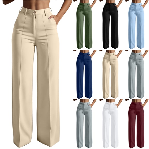 Bloomae Womens Dress Pants Wide Leg Stretchy Work Pants Casual Button High Waisted Pull On Office Business Trousers with Pockets