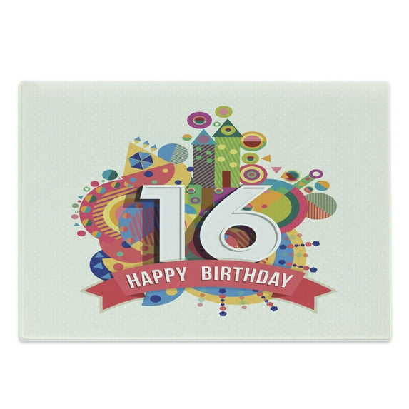 16th Birthday Cutting Board, Geometrical and Urban Style Effects Celebration Funky Modern Design, Decorative Tempered Glass Cutting and Serving Board, Large Size, Multicolor, by Ambesonne