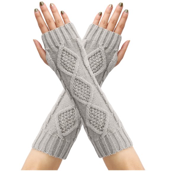 Xfvqtps Fingerless Gloves for Womens Thumb Hole Rhombus Long Arm Warmer Knitting Crochet Solid Color Fashion Thermal Warm Winter Mittens Gray
