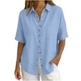 thumbnail image 5 of Stamzod Button Down Shirts for Women Short Sleeve Summer Tops Cotton Linen Dressy Casual Work Blouse with Pocket Light Blue XL, 5 of 7